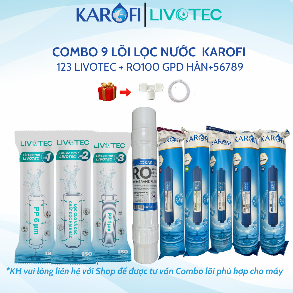 Combo 9 Lõi Lọc Nước Karofi Gồm Lõi 123 Livotec - Màng RO Hàn 100GPD Membrane - Lõi Chức Năng T33 Mineral Far ORP Nano