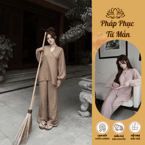 Bộ đi chùa cách tân MPB cổ V tay bồng dài vải đũi xước Pháp phục lễ chùa đính cúc bọc đũi mềm mịn
