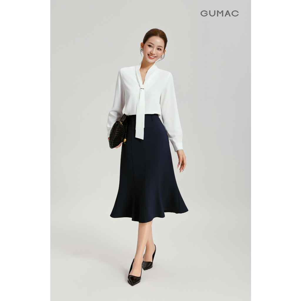 Áo Kiểu Nữ GUMAC Form Suông Tay Dài Cổ V Kèm Dây Nơ Lụa Xẹc Tiểu Thư AG04063