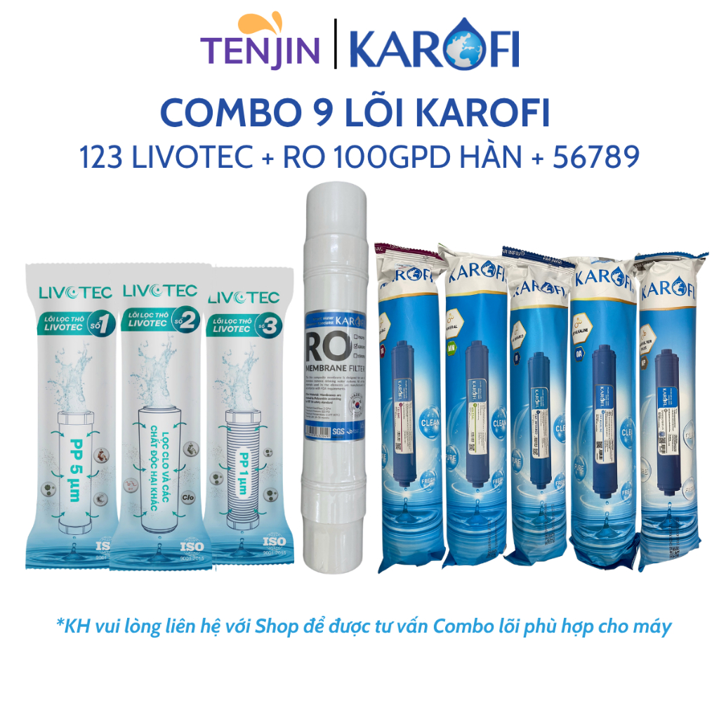 Combo 9 Lõi Lọc Nước Karofi Gồm Lõi 123 livotec - Màng RO Đúc 100GPD Cắm Nhanh - Lõi Chức Năng T33 Mineral Far ORP Nano
