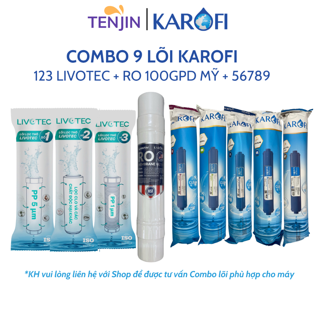 Combo 9 Lõi Lọc Nước Karofi Gồm Lõi 123 livotec - Màng RO Đúc 100GPD Cắm Nhanh - Lõi Chức Năng T33 Mineral Far ORP Nano