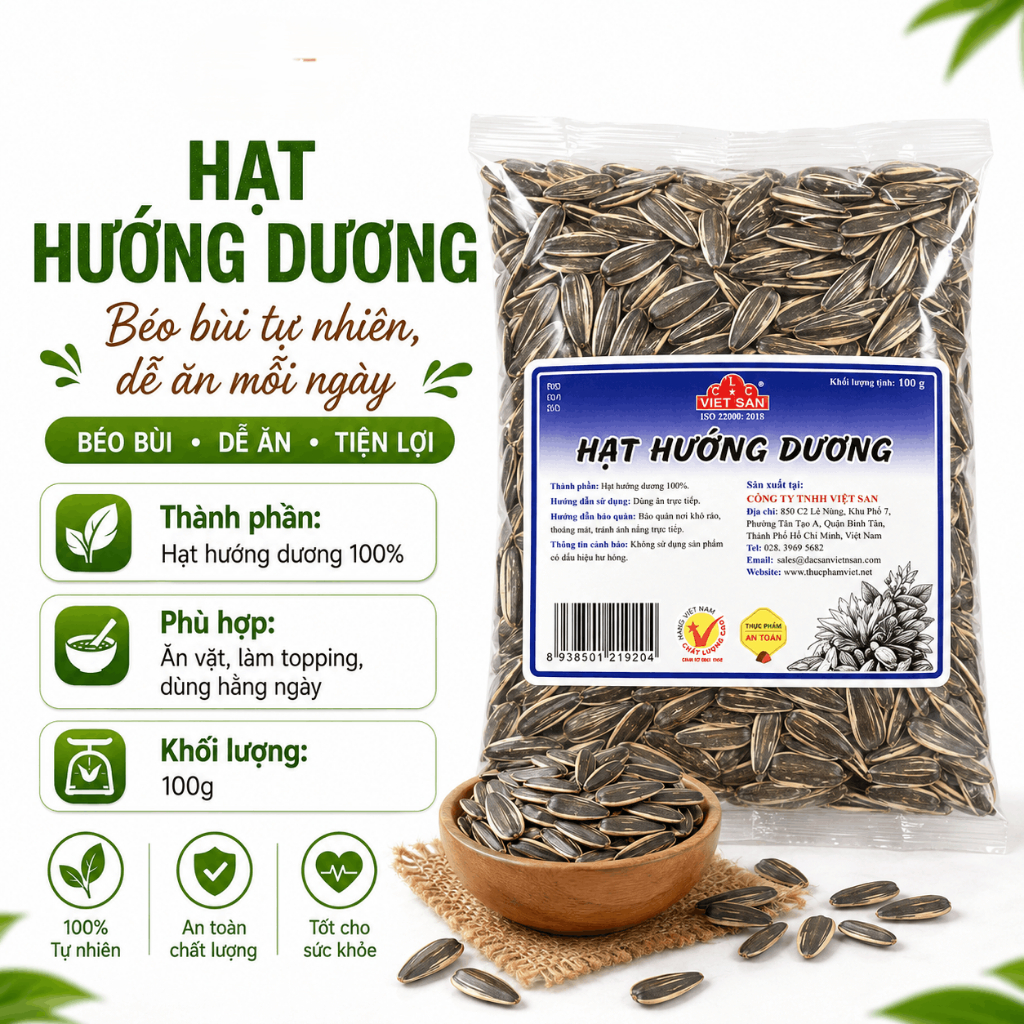Hạt Hướng Dương Việt San 100g - Hạt To Mẩy, Bùi Béo, Giòn Tan