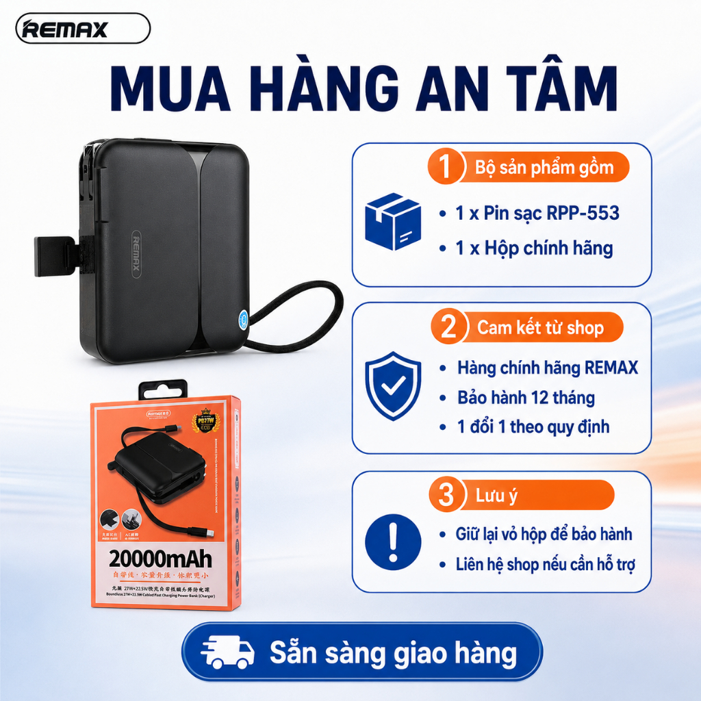 Pin sạc dự phòng đa năng REMAX RPP-553 20000mAh Sạc Nhanh 27W 3C - Bảo Hành 12 Tháng 1 Đổi 1