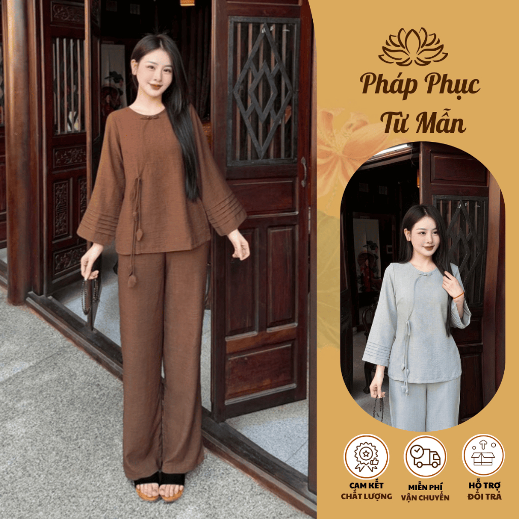 Pháp phục đi chùa cổ tròn tay xếp ly vải đũi line Bộ đi chùa truyền thống đính nơ đũi mềm mịn