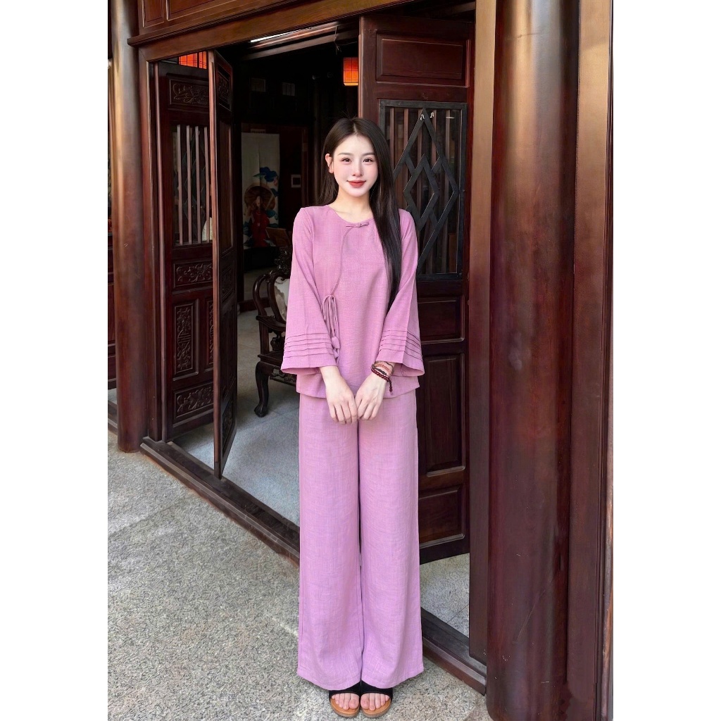 Pháp phục đi chùa cổ tròn tay xếp ly vải đũi line Bộ đi chùa truyền thống đính nơ đũi mềm mịn
