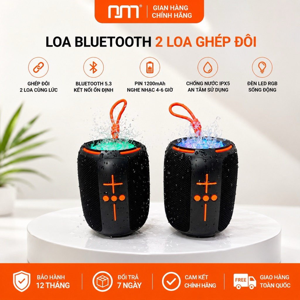 * Loa Bluetooth HM837 Mini Bass Mạnh Ghép 2 Loa Pin Trâu . Chống Nước IPX6