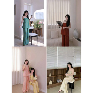 Sét áo lụa dây mảnh cúc lưng + quần xuông lụa chun mảnh