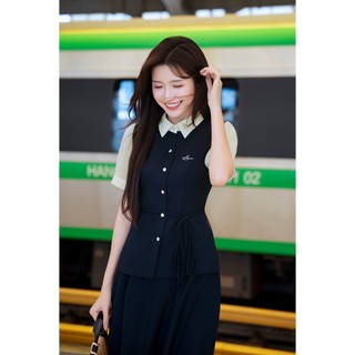 Áo Kiểu Nữ Sơ Mi LAMER FASHION Ngắn Tay Nơ Eo Phối Tay Phối Chân Váy Công Sở Xoè Chun Sau HSD O61H26H010 O62L26Q006