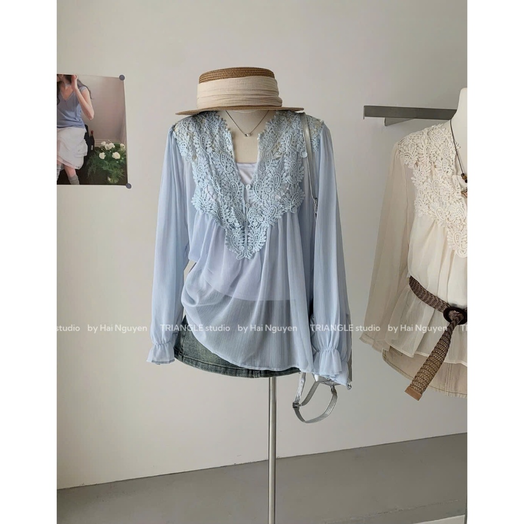TRIANGLE - Frence Blouse New Ver26 (Cân nhắc kỹ, return is not welcomed) - Áo voan tơ thêu phong cách Pháp kèm áo 2 dây