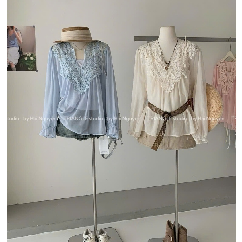 TRIANGLE - Frence Blouse New Ver26 (Cân nhắc kỹ, return is not welcomed) - Áo voan tơ thêu phong cách Pháp kèm áo 2 dây