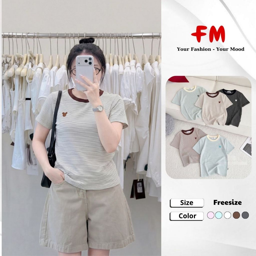 Áo Thun Nữ Sọc FMSTYLE Thêu Hình Chuột Basic Hàn Quốc Dễ Phối Co Giãn Tốt 26041344