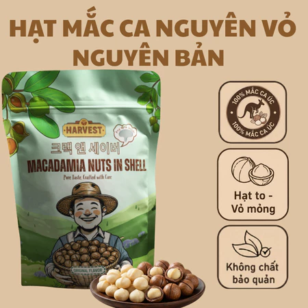 Hạt macca Úc nứt vỏ cao cấp nhà Harvest, đã rang sấy vị ngẫu nhiên dinh dưỡng