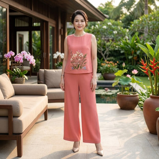 Bộ Đồ Nữ Trung Niên Thêu Hoa – Áo Sát Nách Quần Ống Rộng Vải Đũi Mát Hè Cao Cấp Form Sang Trọng - Anh Thư Shop (AT45)