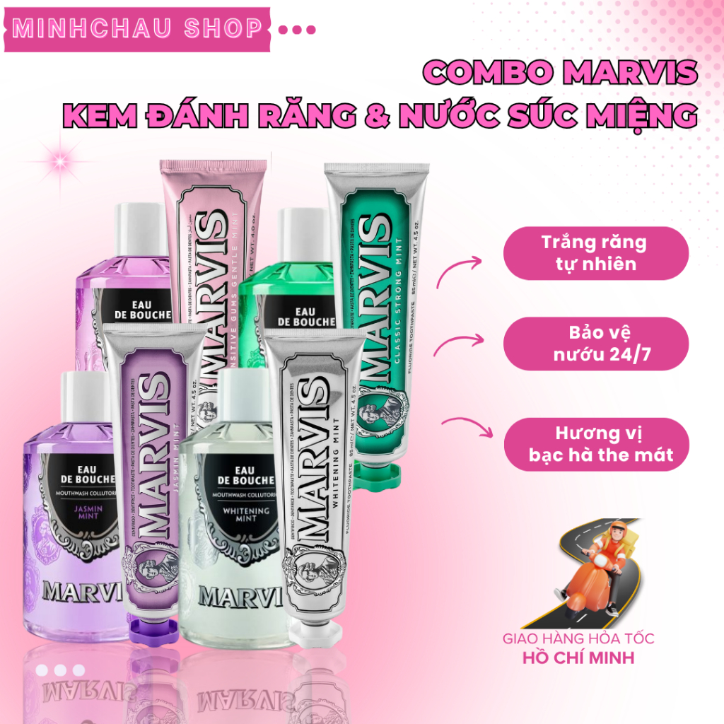 (Marvis chính hãng) Combo Chăm Sóc Răng Marvis - Kem Đánh Răng & Nước Súc Miệng 400 ml – Bảo Vệ Men Răng, Ngừa Hôi Miệng