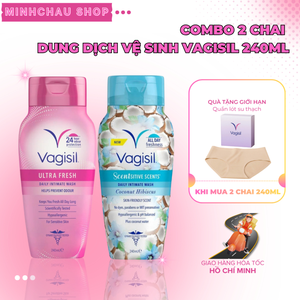 Combo 2 Chai Dung Dịch Vệ Sinh Phụ Nữ Vagisil 240ml, Gel Vệ Sinh Ngăn Mùi 24h (tặng quần lót)