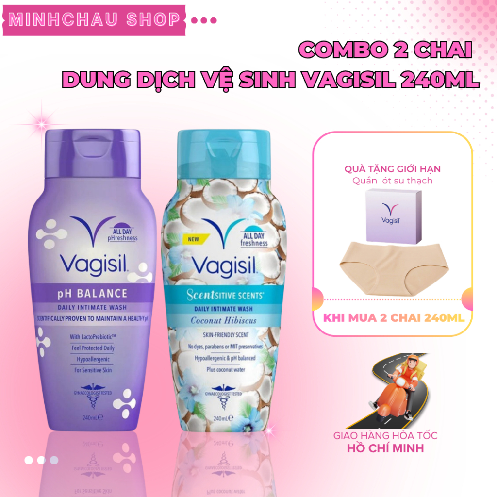 Combo 2 Chai Dung Dịch Vệ Sinh Phụ Nữ Vagisil 240ml, Gel Vệ Sinh Căn Bằng pH (tặng quần lót)