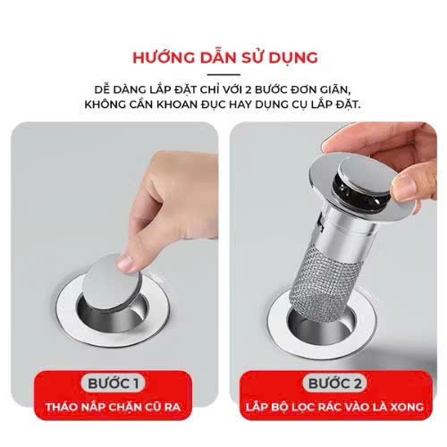 Nút Chặn Thoát Nước, Ngăn Mùi & Lọc Rác Bồn Rửa Mặt, Nắp Ấn Xả Đồng Lavabo Thay Thế 2in1, Lắp Đặt Dễ Dàng