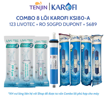 Combo 8 Lõi Lọc Nước Karofi Gồm 123 Livotec - Màng RO 50GPD - Lõi Chức Năng T33 Mineral Alkaline Nano Model KSI80-A