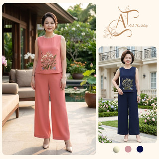 Bộ Đồ Nữ Trung Niên Thêu Hoa – Áo Sát Nách Quần Ống Rộng Vải Đũi Mát Hè Cao Cấp Form Sang Trọng - Anh Thư Shop (AT45)