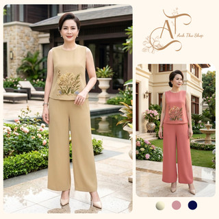 Bộ Đồ Nữ Trung Niên Thêu Hoa – Áo Sát Nách Quần Ống Rộng Vải Đũi Mát Hè Cao Cấp Form Sang Trọng - Anh Thư Shop (AT45)