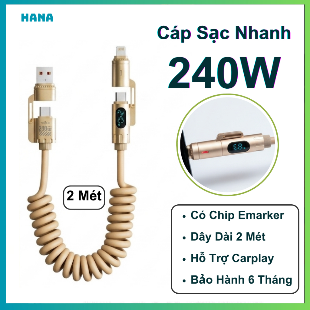 Dây Sạc Nhanh Lò Xo 240W - Đa Năng 4 Trong 1 - Hãng Basemo 2 Mét – Hỗ trợ Carplay - Có Màn Hình Hiển Thị Công Suất