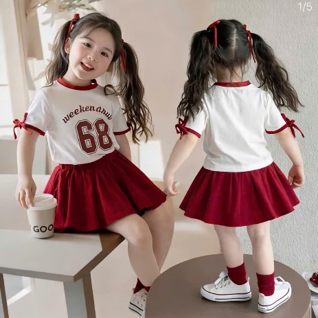 Bộ Áo Váy Bé Gái Weekend Club 68 - Set Đồ Trẻ Em Hàn Quốc Trendy Phối Nơ Siêu Dễ Thương 2 Màu Đen/Đỏ
