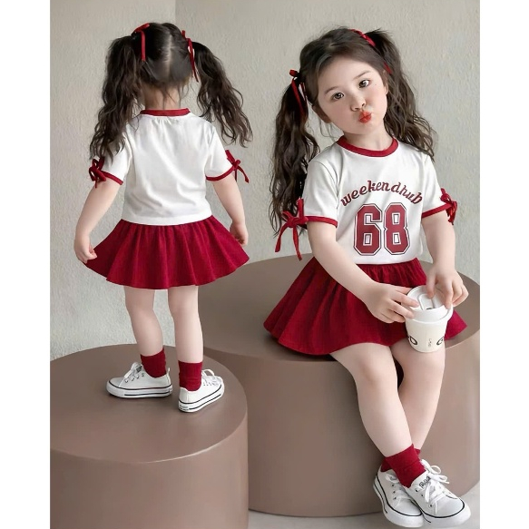 Bộ Áo Váy Bé Gái Weekend Club 68 - Set Đồ Trẻ Em Hàn Quốc Trendy Phối Nơ Siêu Dễ Thương 2 Màu Đen/Đỏ