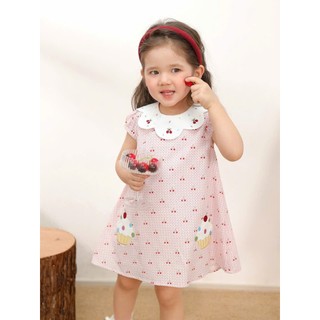 Váy bé gái dáng chữ A cổ hoa thêu quả cherry xinh xắn vải mỏng mặc đi chơi đi học D1331 Bí Ngô Nhỏ