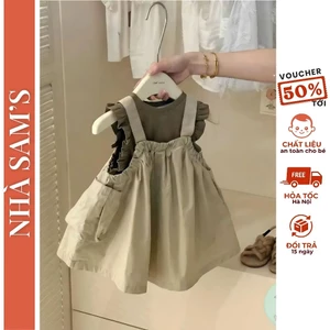 Váy bé gái, yếm thô Hàn phối áo cotton bèo xinh cho bé gái – Set váy cho bé gái 2 món dễ thương A708- Nhà Sam's
