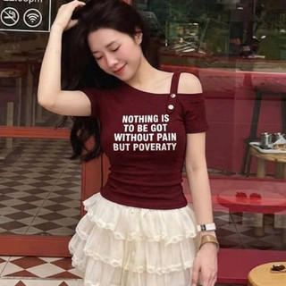 Áo Chữ IN CHÌM Lệch Vai Dáng Basic Thun Mềm Ôm Dáng