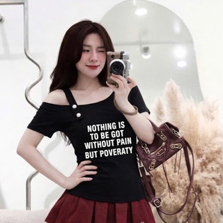 Áo Chữ IN CHÌM Lệch Vai Dáng Basic Thun Mềm Ôm Dáng
