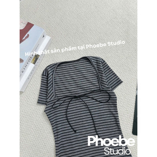 Áo Nữ Hoạ Tiết Sọc Đính Nơ Cổ Vuông - Phoebe Studio [MH26AO344]