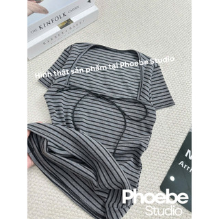 Áo Nữ Hoạ Tiết Sọc Đính Nơ Cổ Vuông - Phoebe Studio [MH26AO344]