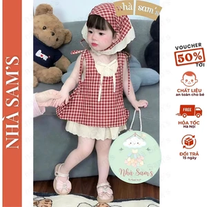 Váy bé gái, đầm bé gái SỌC KẺ ĐỎ BÈO ĐUÔI CÁ phong cách Vintage cho bé mặc hè đi chơi, váy cho bé gái tặng khăn