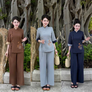 Bộ Đồ Lam Nữ Pháp Phục Đi Chùa Họa Tiết Thêu Hoa Sen Chất Liệu Vải Lụa Hồng Ngọc Mềm Mịn - DL050