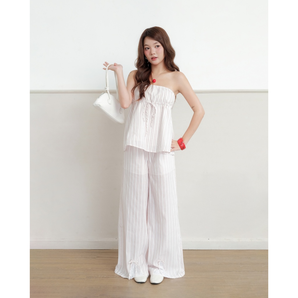 Set Nữ JOGLA Áo Cúp Ngực Phối Quần Ống Suông Cách Điệu Ren Kẻ Sọc Đi Biển, Dạo Phố SECODEE (BÁN LẺ)