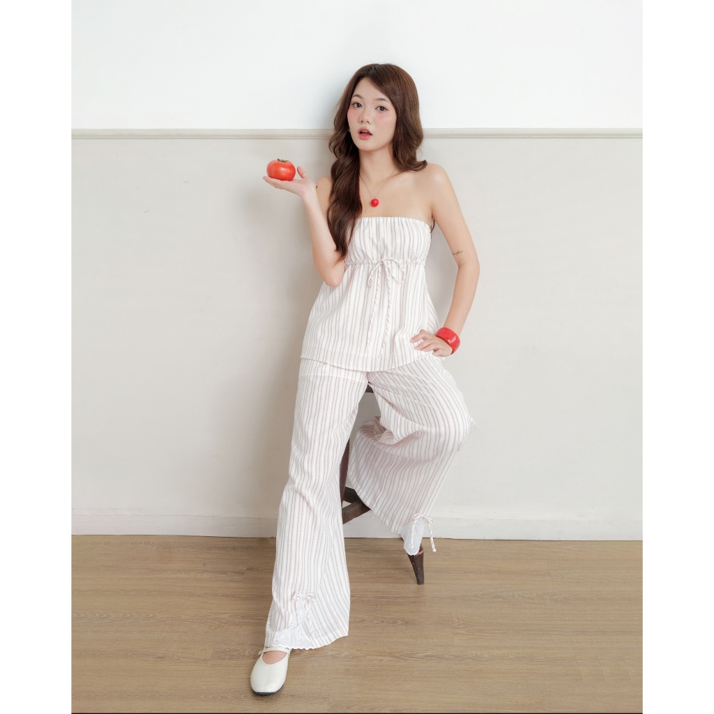 Set Nữ JOGLA Áo Cúp Ngực Phối Quần Ống Suông Cách Điệu Ren Kẻ Sọc Đi Biển, Dạo Phố SECODEE (BÁN LẺ)