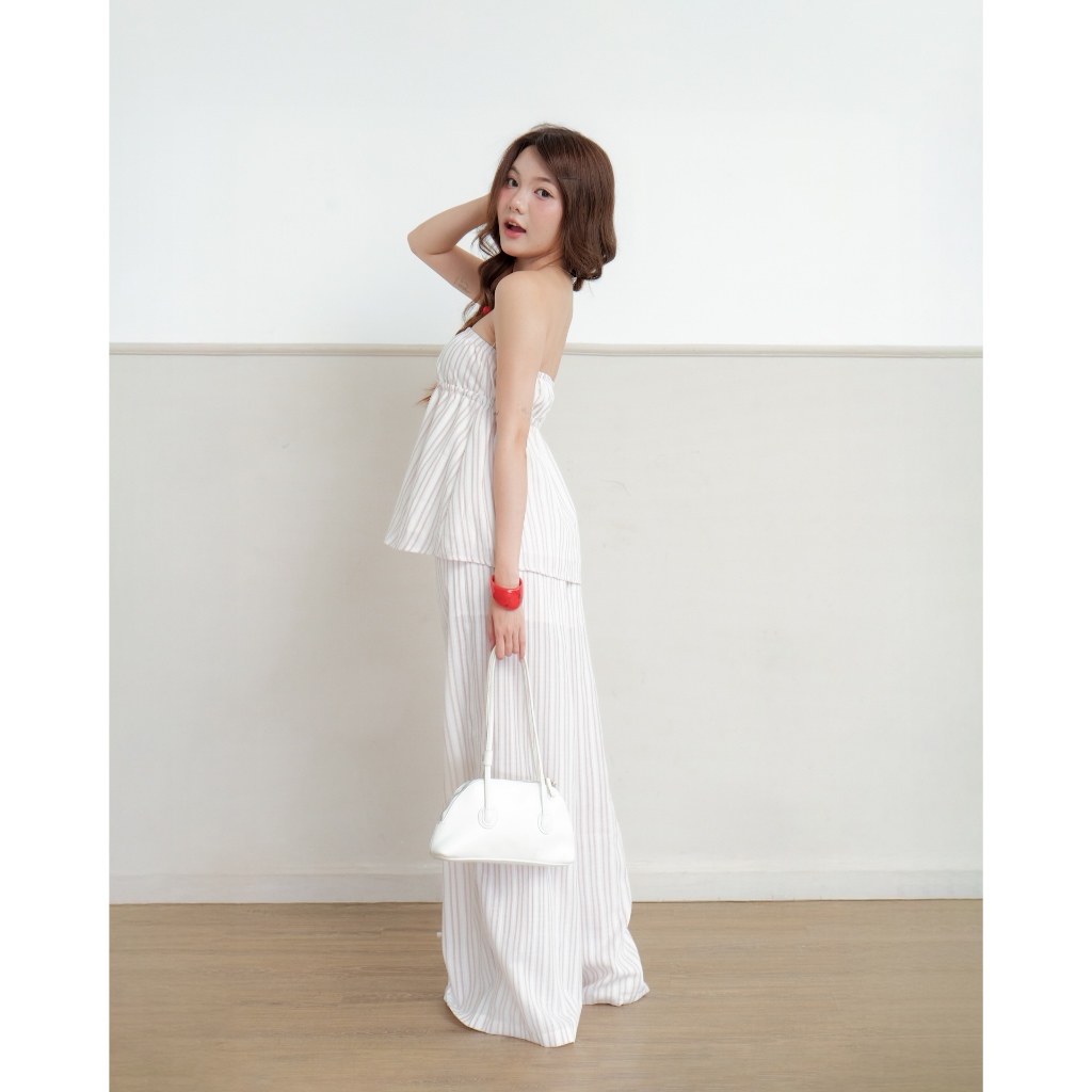 Set Nữ JOGLA Áo Cúp Ngực Phối Quần Ống Suông Cách Điệu Ren Kẻ Sọc Đi Biển, Dạo Phố SECODEE (BÁN LẺ)
