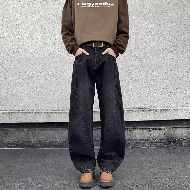 Quần jeans nam rách cổ điển ống đứng eo cao thắt lưng co giãn túi to 2 màu đen xanh dương Jean baggy