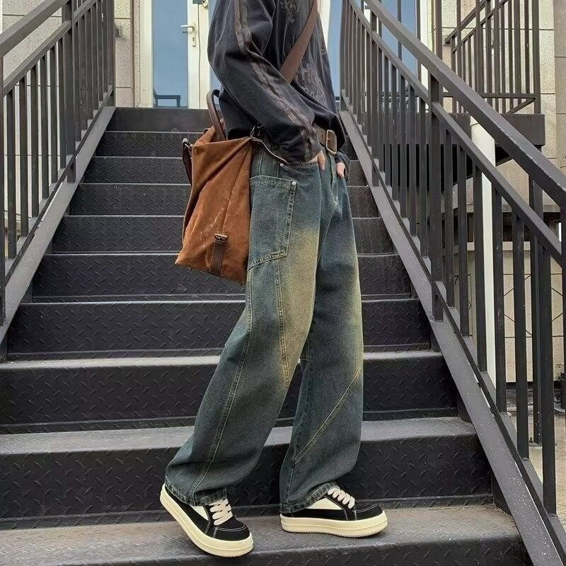 Quần jeans nam rách cổ điển ống đứng eo cao thắt lưng co giãn túi to 2 màu đen xanh dương Jean baggy