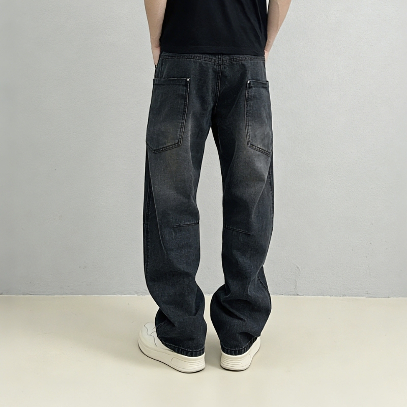 Quần jeans nam rách cổ điển ống đứng eo cao thắt lưng co giãn túi to 2 màu đen xanh dương Jean baggy