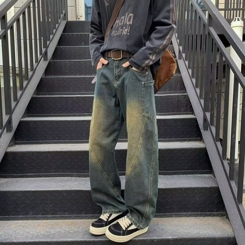 Quần jeans nam rách cổ điển ống đứng eo cao thắt lưng co giãn túi to 2 màu đen xanh dương Jean baggy
