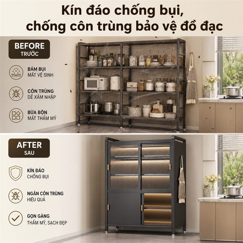 Tủ bếp Đa Năng Kệ để đồ thép cacbon Kệ để đồ nhà bếp chống bụi cần thiết cho mọi gia đình