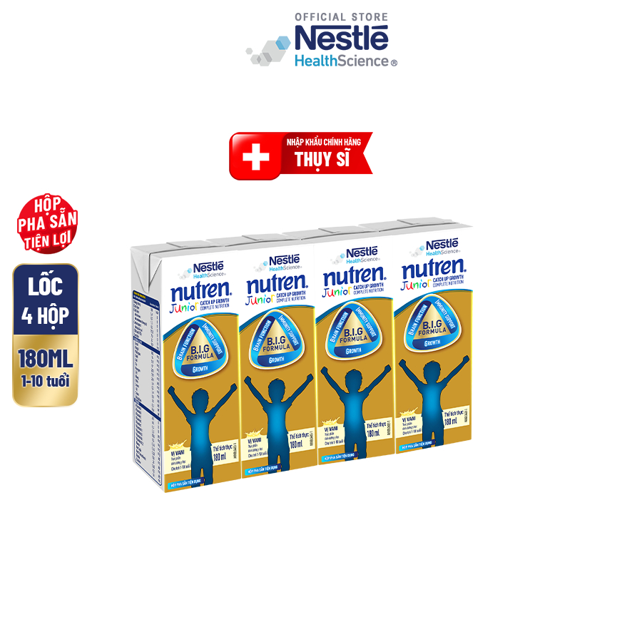 [Quà tặng không bán] Lốc 4 Hộp Sữa Pha Sẵn NESTLÉ NUTREN JUNIOR Thụy Sĩ Công Thức BIG Tăng Trưởng 180ML