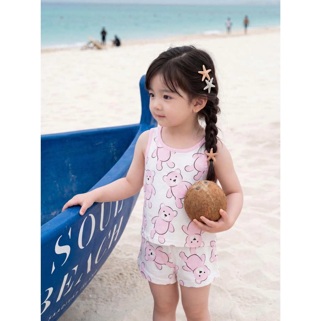 Set bộ 3 lỗ bé gái 1-6 tuổi Miniumbaby in hình gấu nơ mặc hè dễ thương, chất cotton mềm mát SB2768