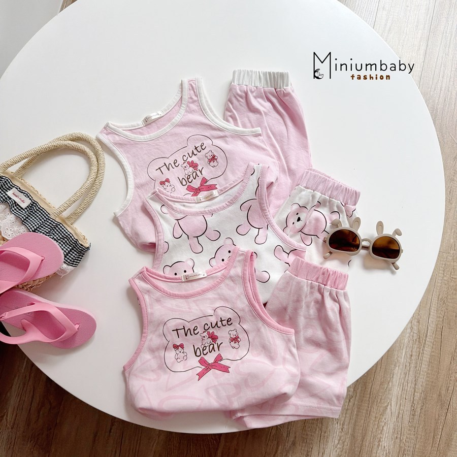 Set bộ 3 lỗ bé gái 1-6 tuổi Miniumbaby in hình gấu nơ mặc hè dễ thương, chất cotton mềm mát SB2768