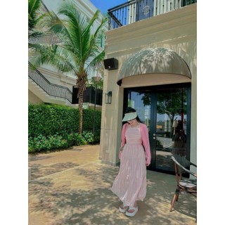 Set váy maxi cổ yếm kẻ sọc | kèm cardigan mỏng | outfit đi biển nàng thơ