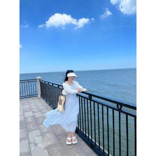 Set váy maxi cổ yếm kẻ sọc | kèm cardigan mỏng | outfit đi biển nàng thơ