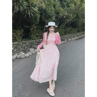 Set váy maxi cổ yếm kẻ sọc | kèm cardigan mỏng | outfit đi biển nàng thơ