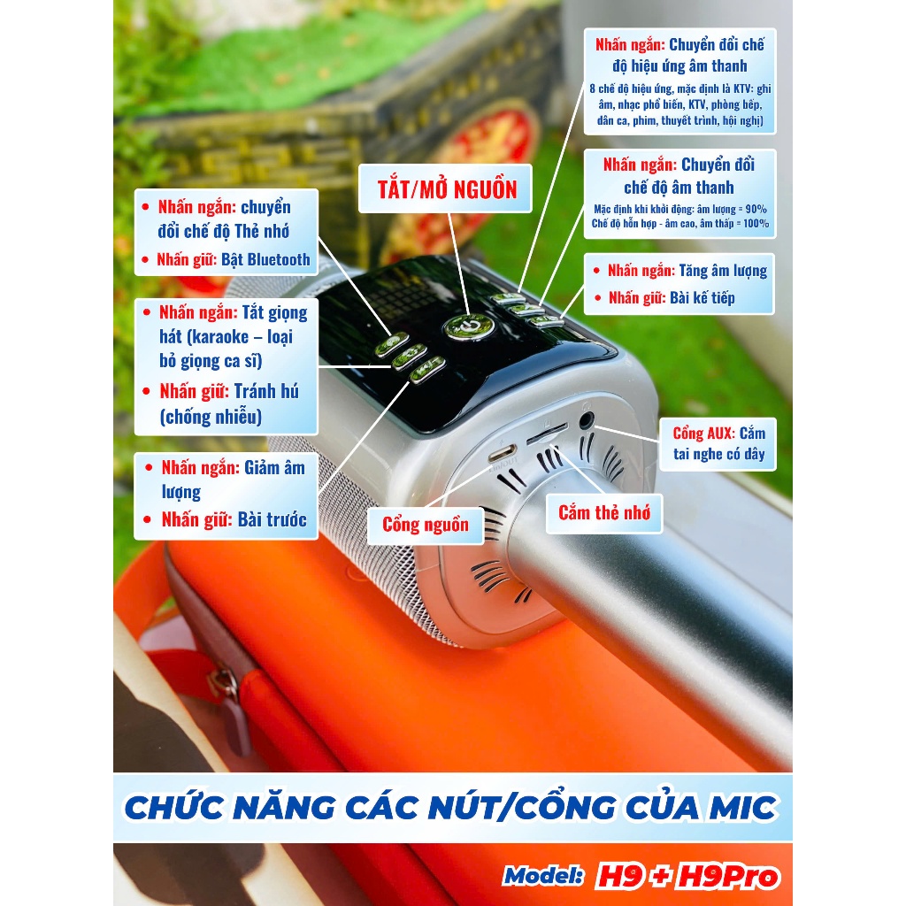 Tặng Hộp Đựng ( màu ngẫu nhiên ) Micro Karaoke Livestream H9 Pro MTMAX 20W Hát Cực Hay